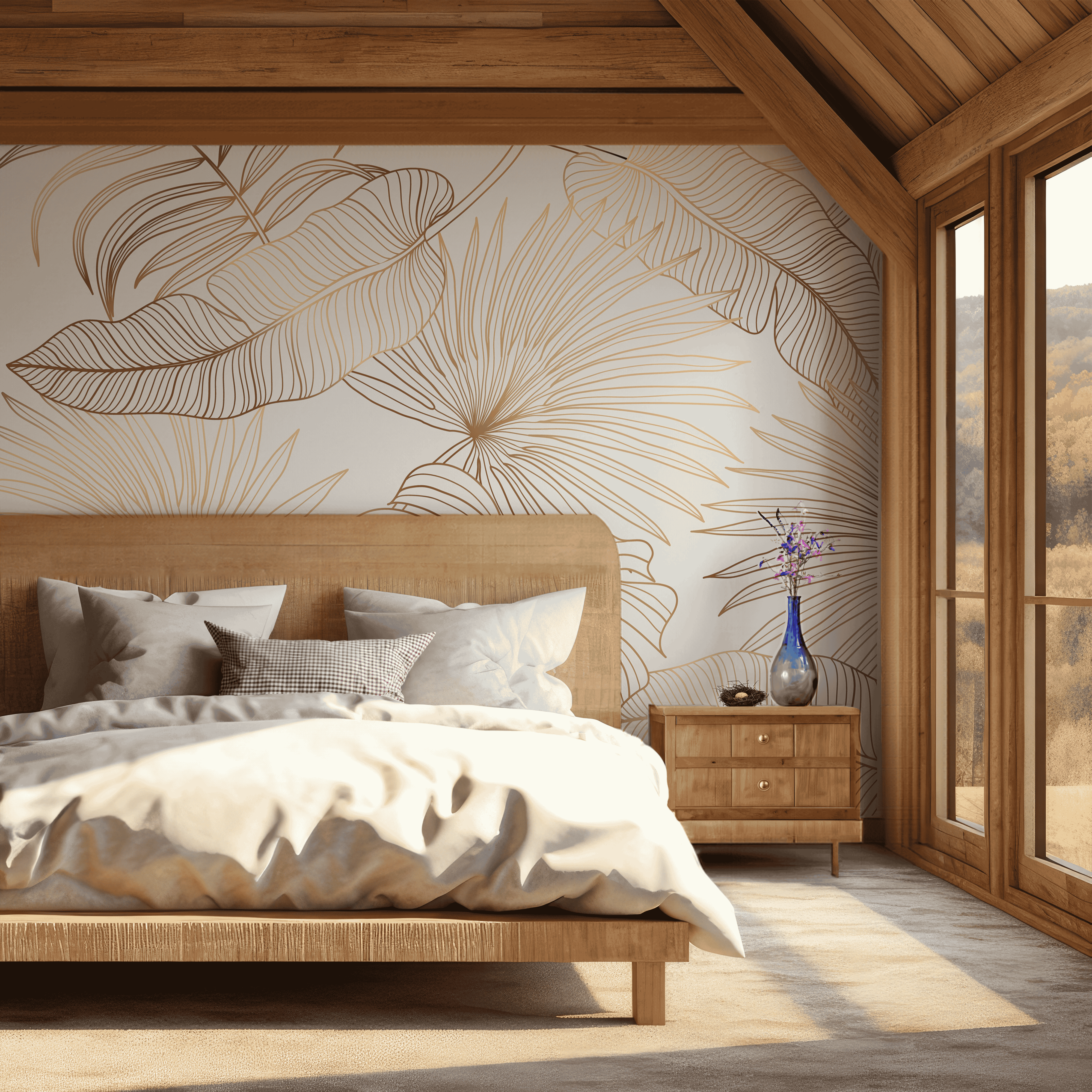 Golden Botanical Elegance Line Art Wallpaper