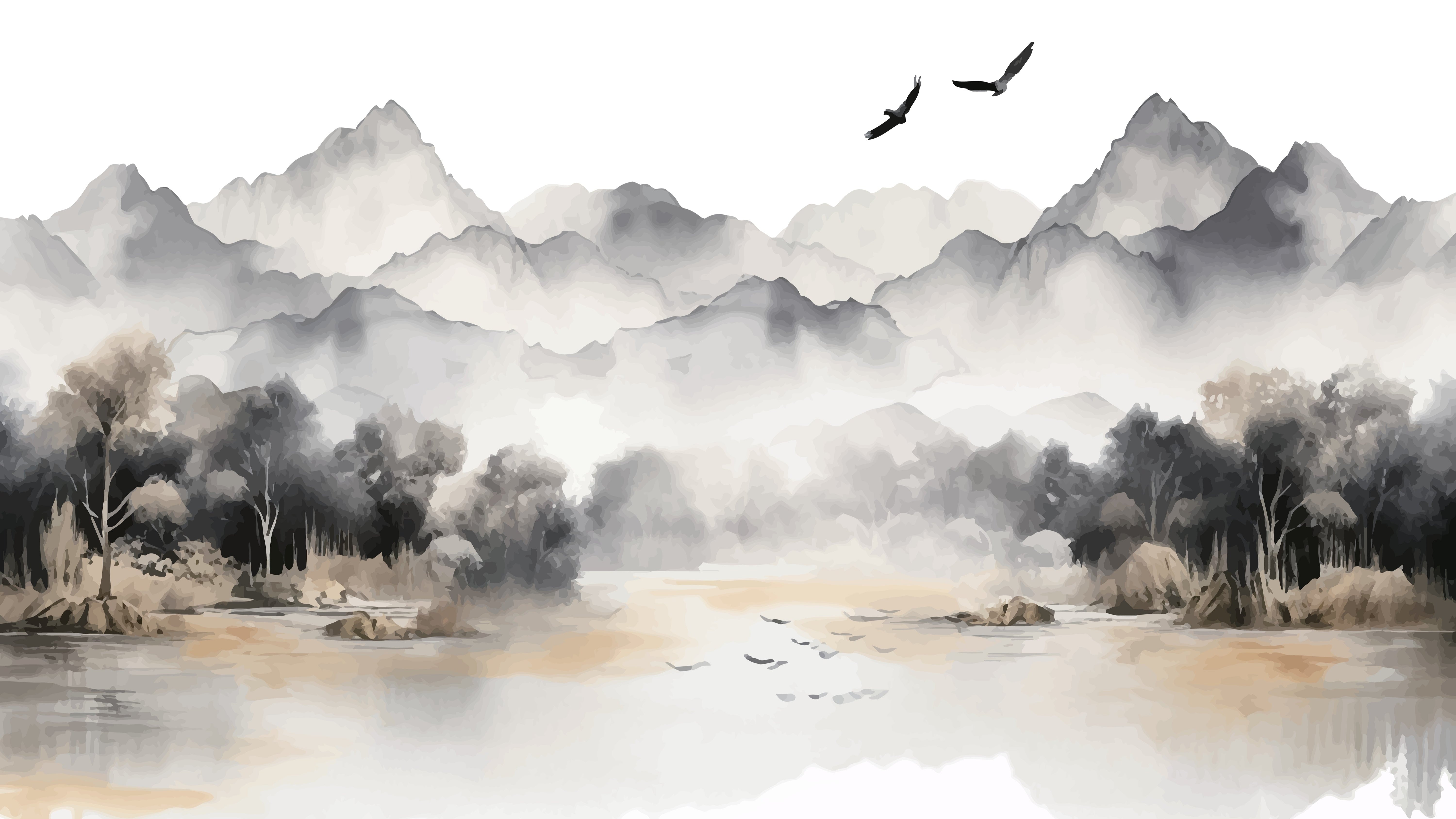 Golden Horizon Abstract Chinese Style Landscape Wallpaper