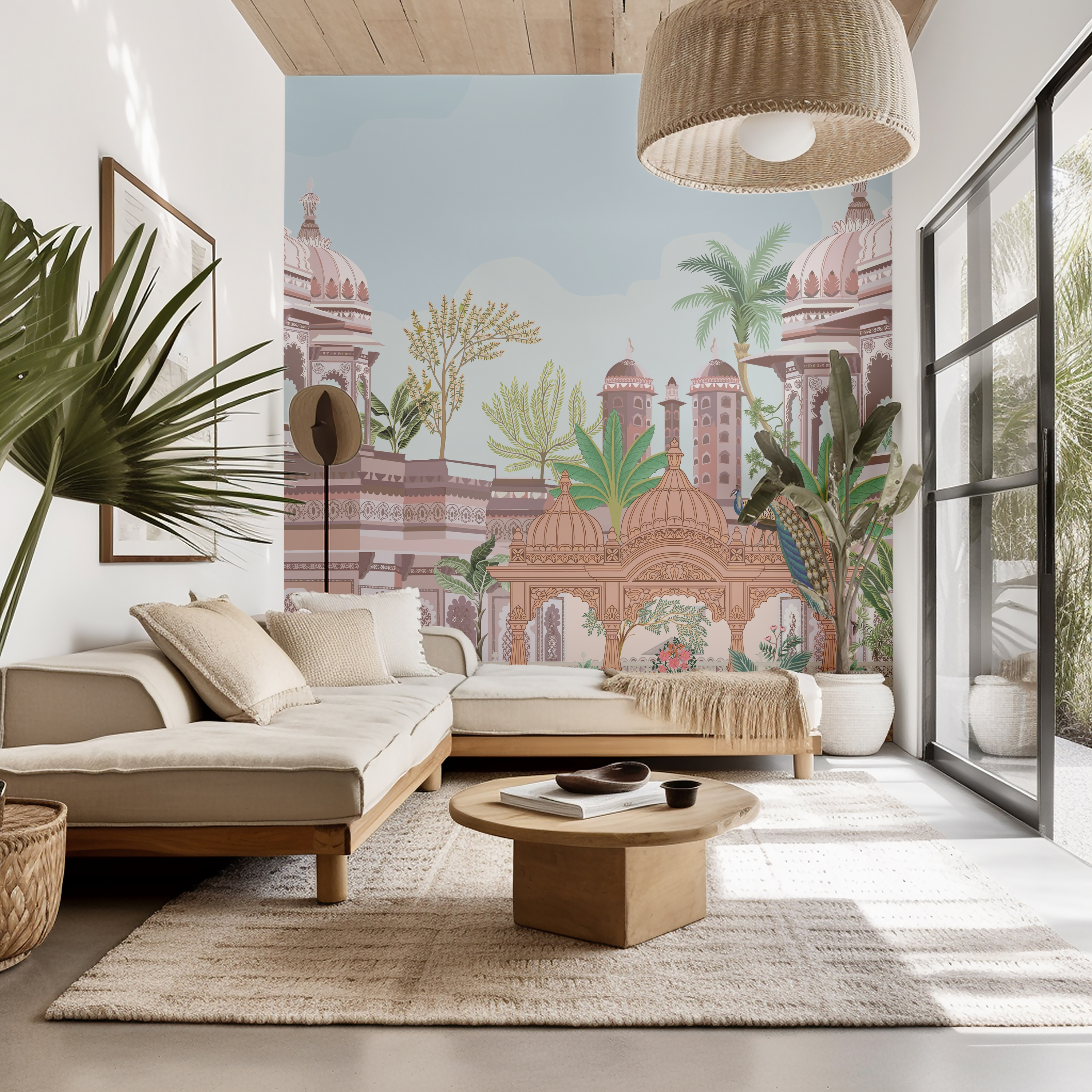 Divine Serenity Indian Temple Garden Wallpaper with Peacock and Monkey