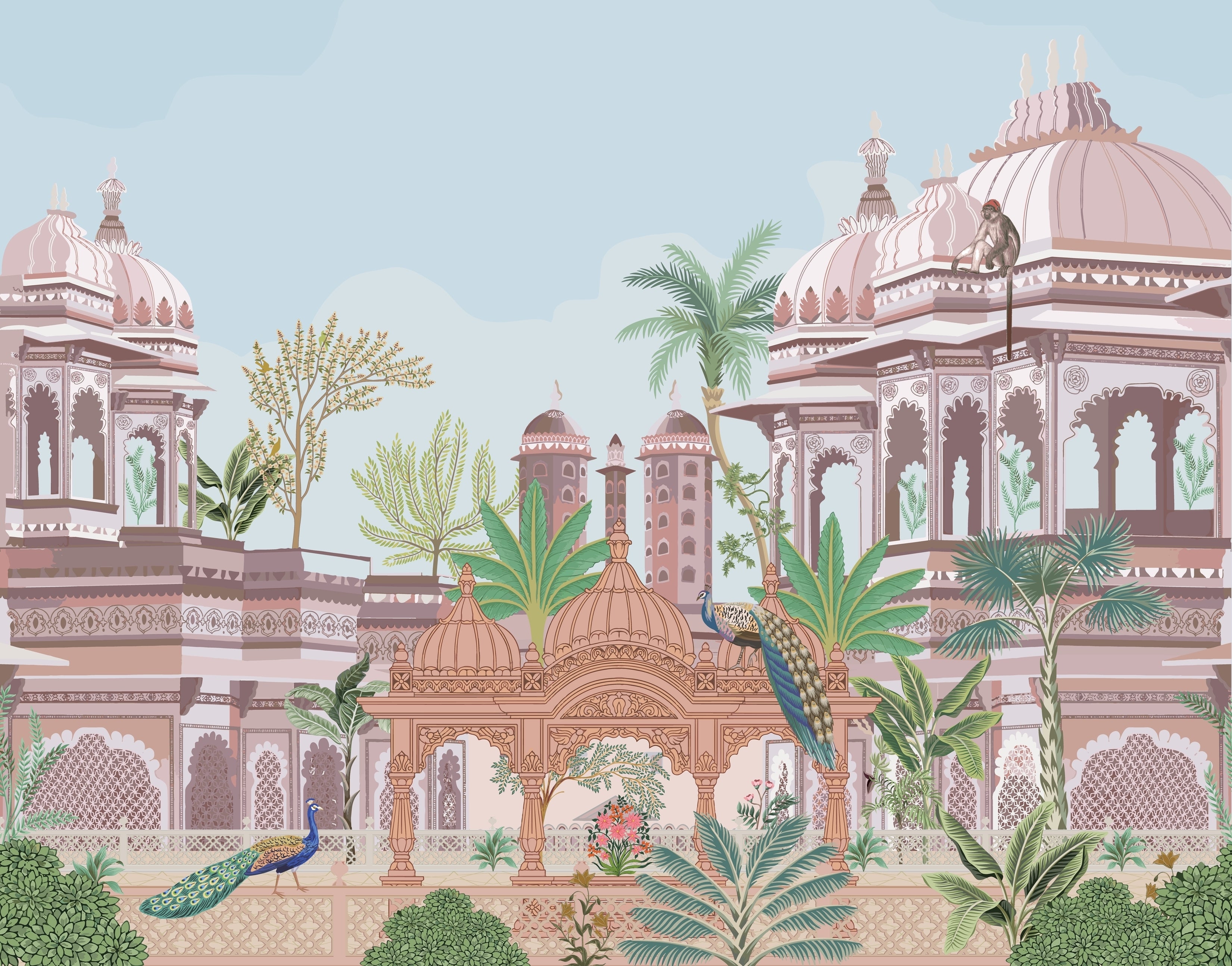 Divine Serenity Indian Temple Garden Wallpaper with Peacock and Monkey